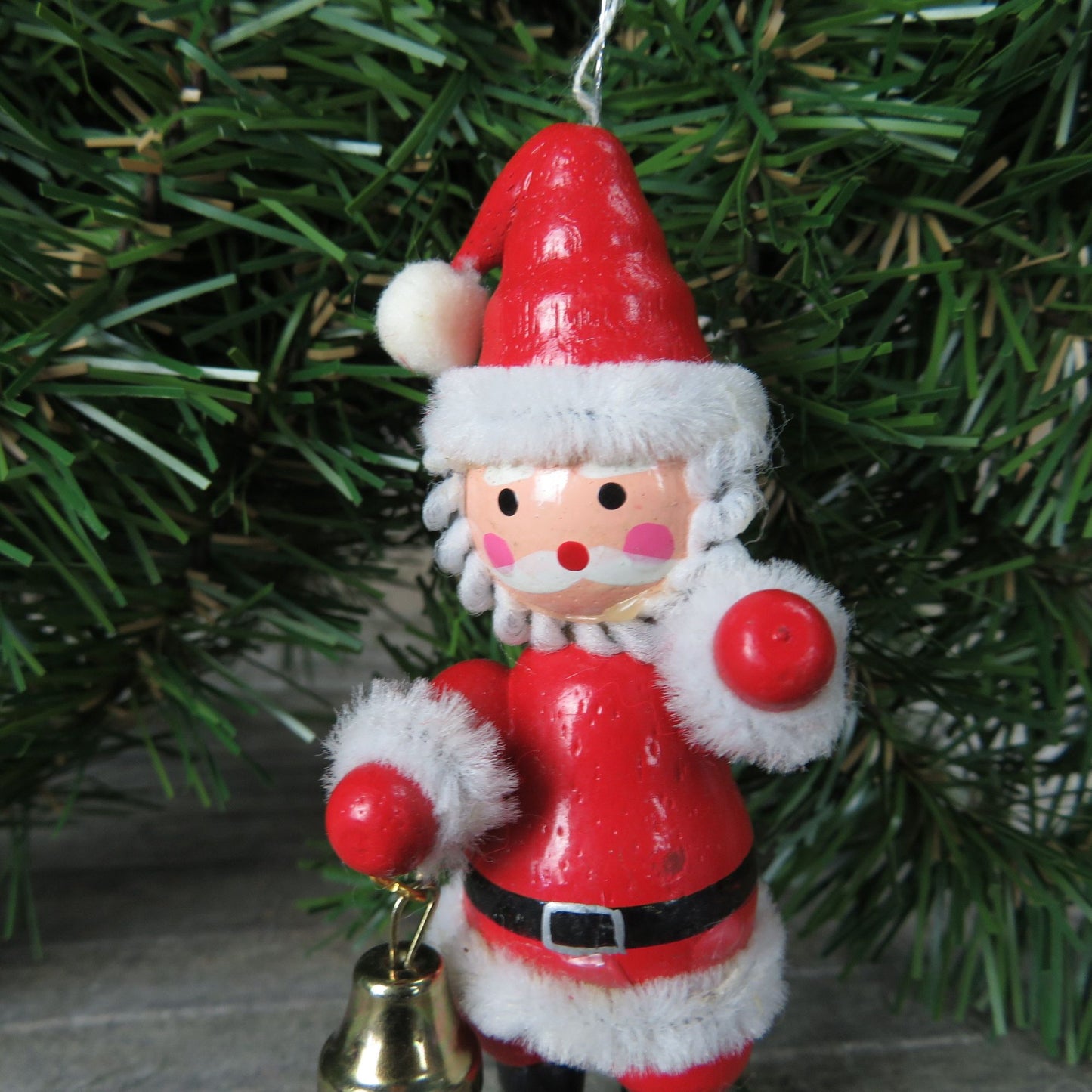 Vintage Wooden Santa Claus Ornament Kurt Adler Santa With Bell Bag and Pipe Cleaners Christmas 1982
