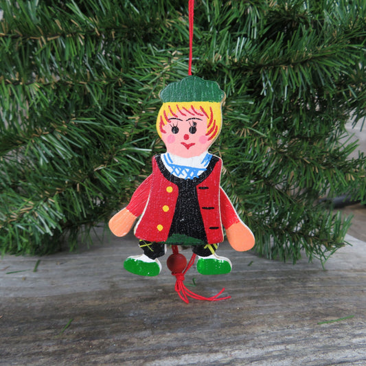 Vintage Boy Pull String Wood Ornament Wooden Jumping Toy Christmas Ornament