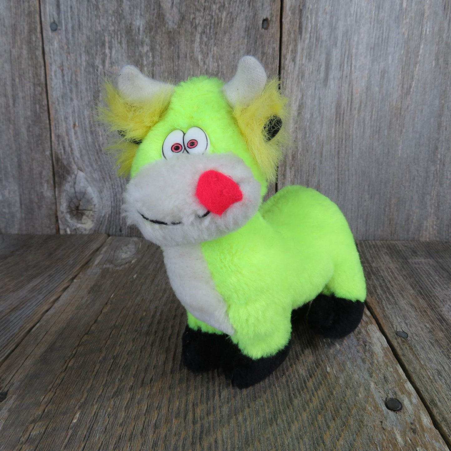 Vintage Cow Plush Florescent Green Yellow Horns Stuffed Animal Tongue Ace Novelty