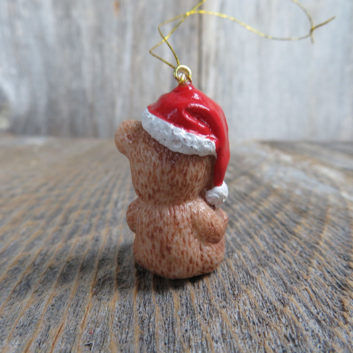 Vintage Teddy Bear Ornament Santa Hat and Horn Christmas