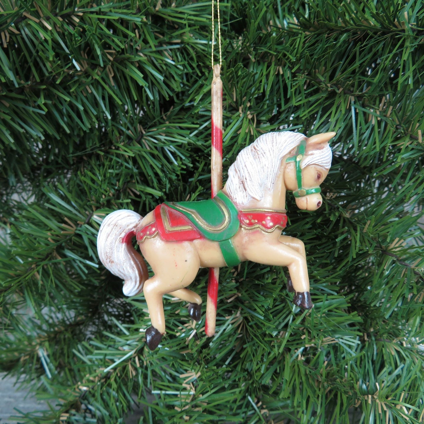 Vintage Tan and White Carousel Horse Pony Ornament Plastic Christmas