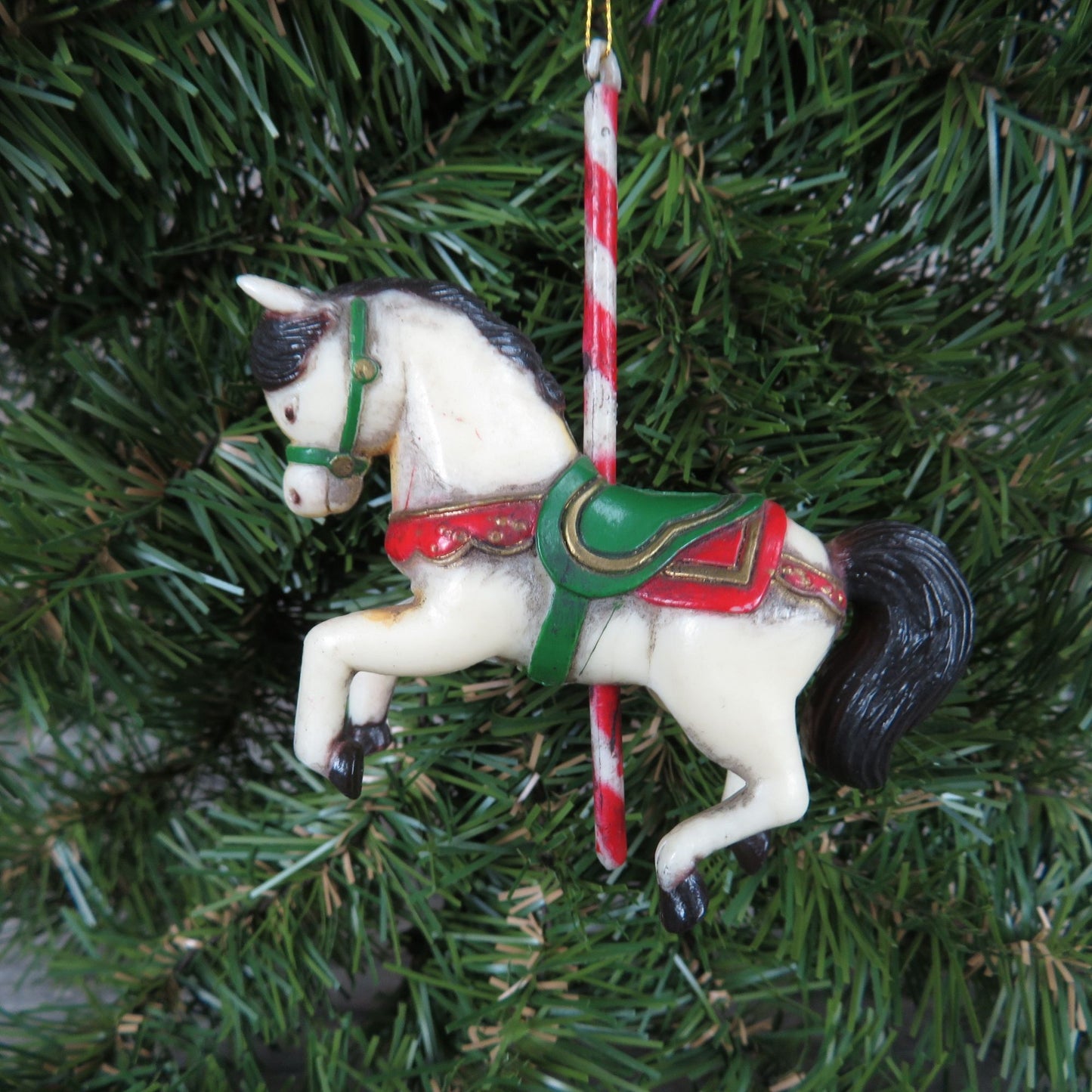 White Carousel Horse Pony Ornament Black Mane Plastic Christmas