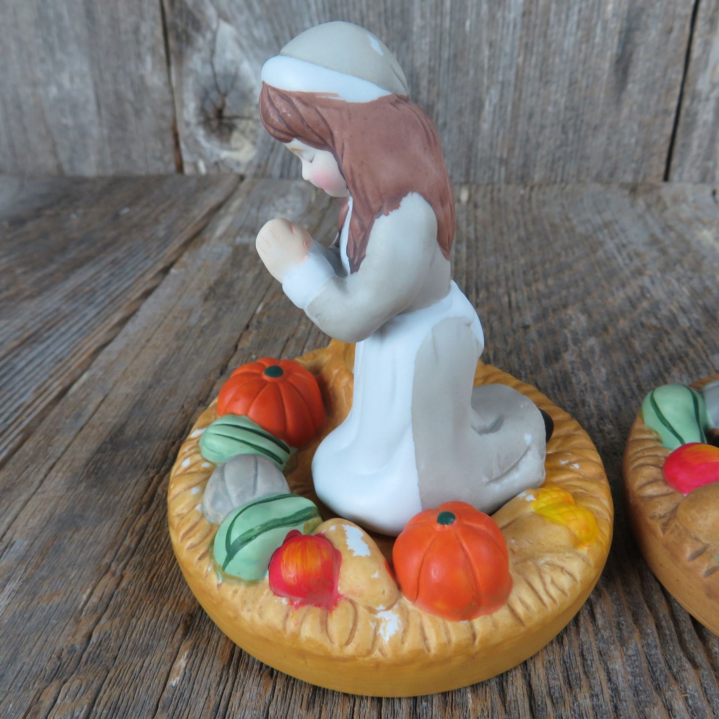 Praying Pilgrim Boy and Girl Candleholder Figurine Ceramic House of LLoyd Thanksgiving Pumpkin 1987