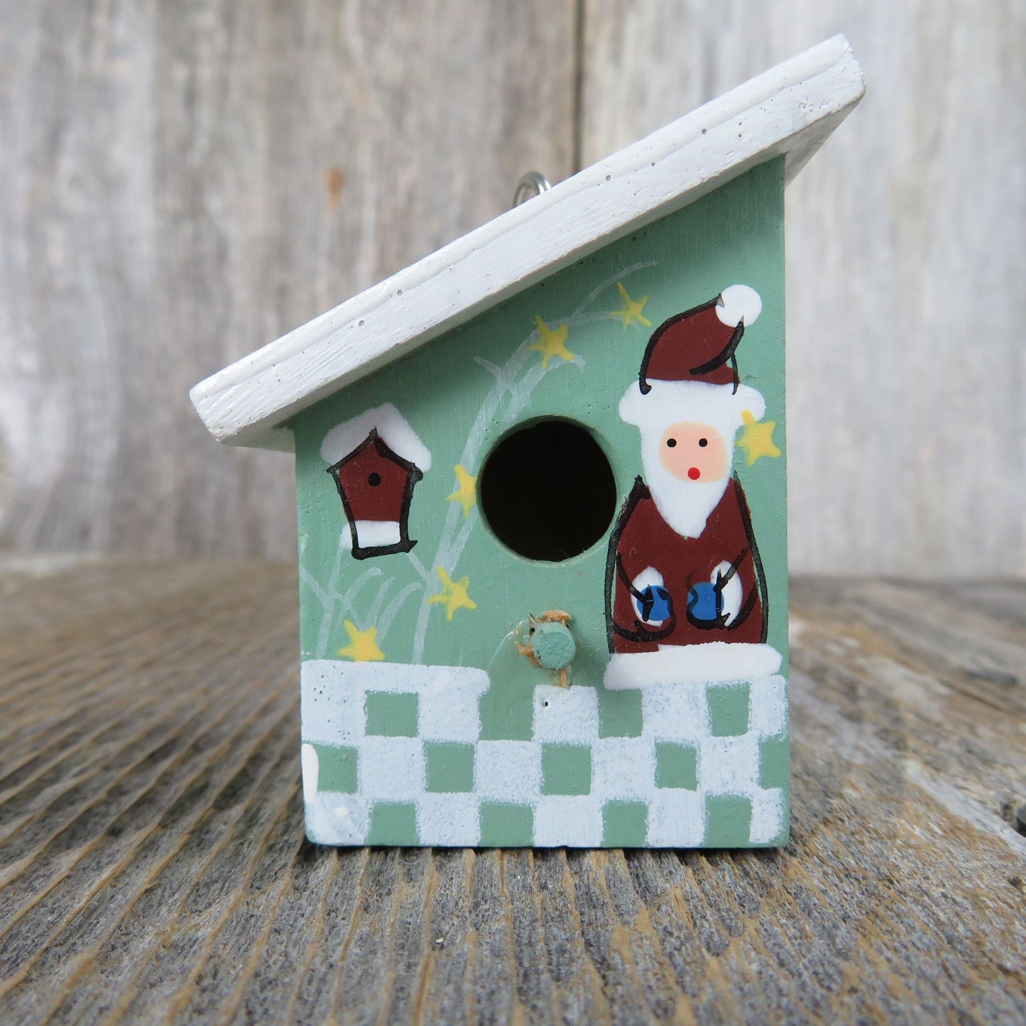 Vintage Green Birdhouse Wood Ornament Santa Checkered Bird Rustic Christmas Country