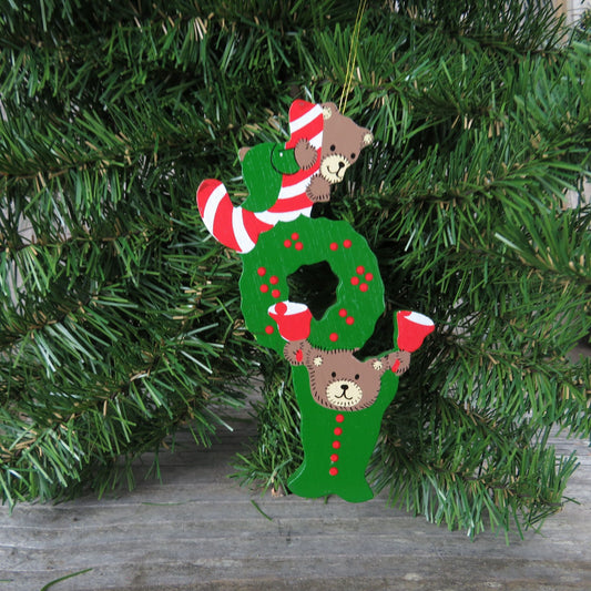 Vintage Wood Teddy Bear Joy Ornament Wreath Christmas Green Red Wooden