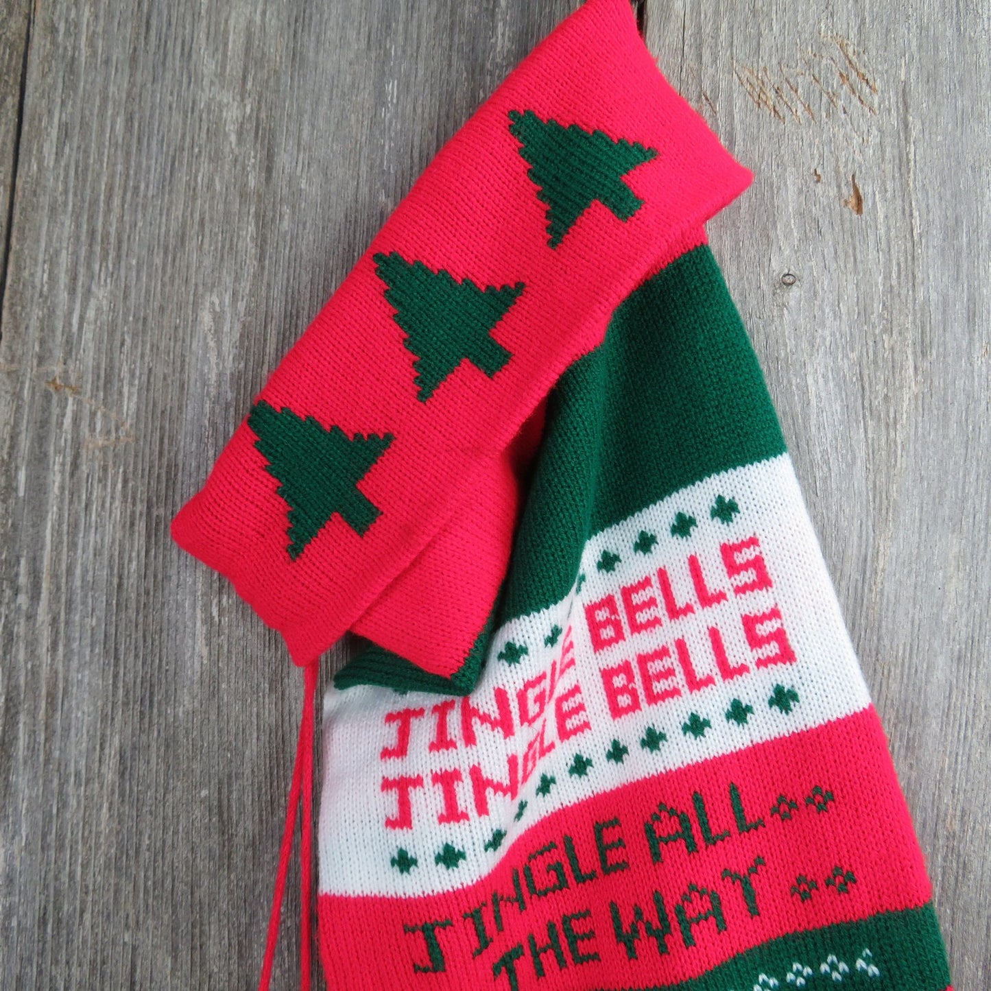 Vintage Jingle Bells Knit Stocking Extra Large Striped Jingle All The Way Huge Red Green St377