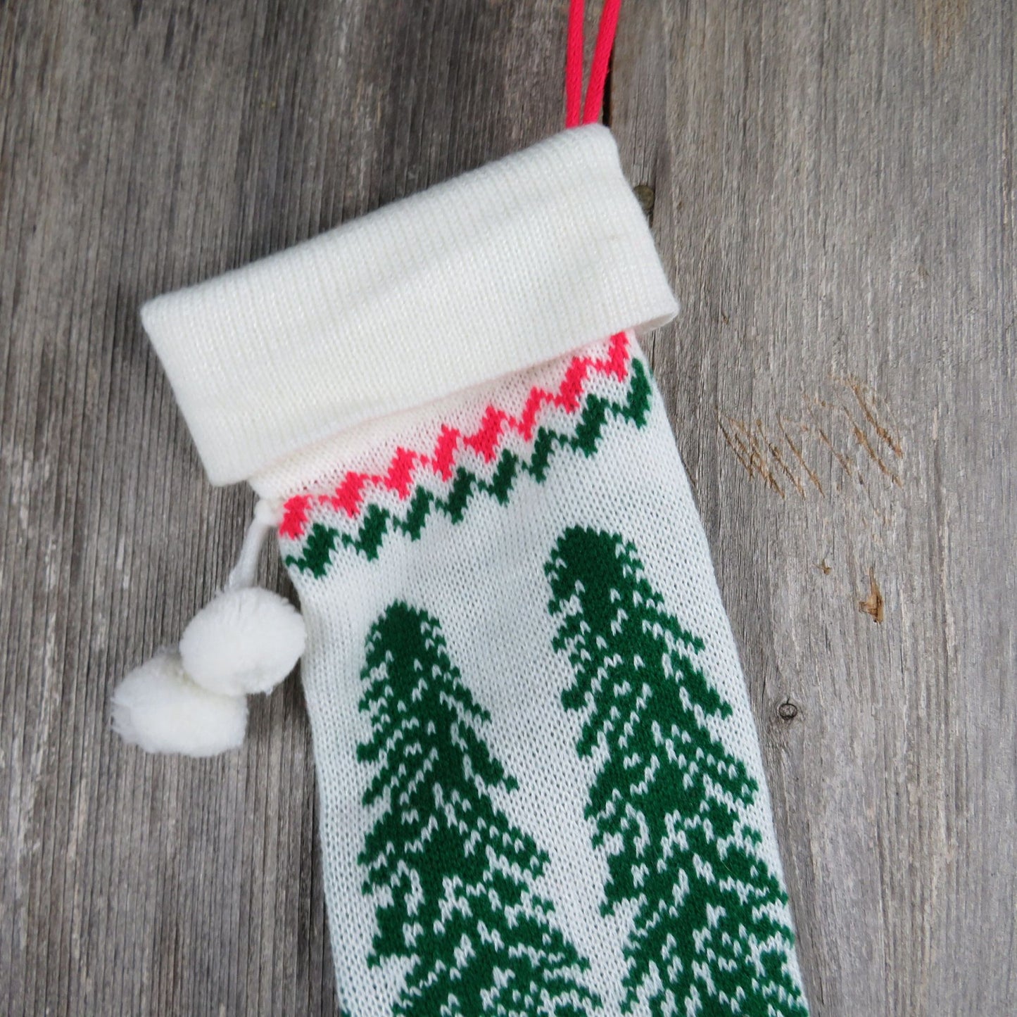 Vintage Knit Christmas Tree Stocking Christmas Sweater Knitted Red Green White Pom Pom  St362