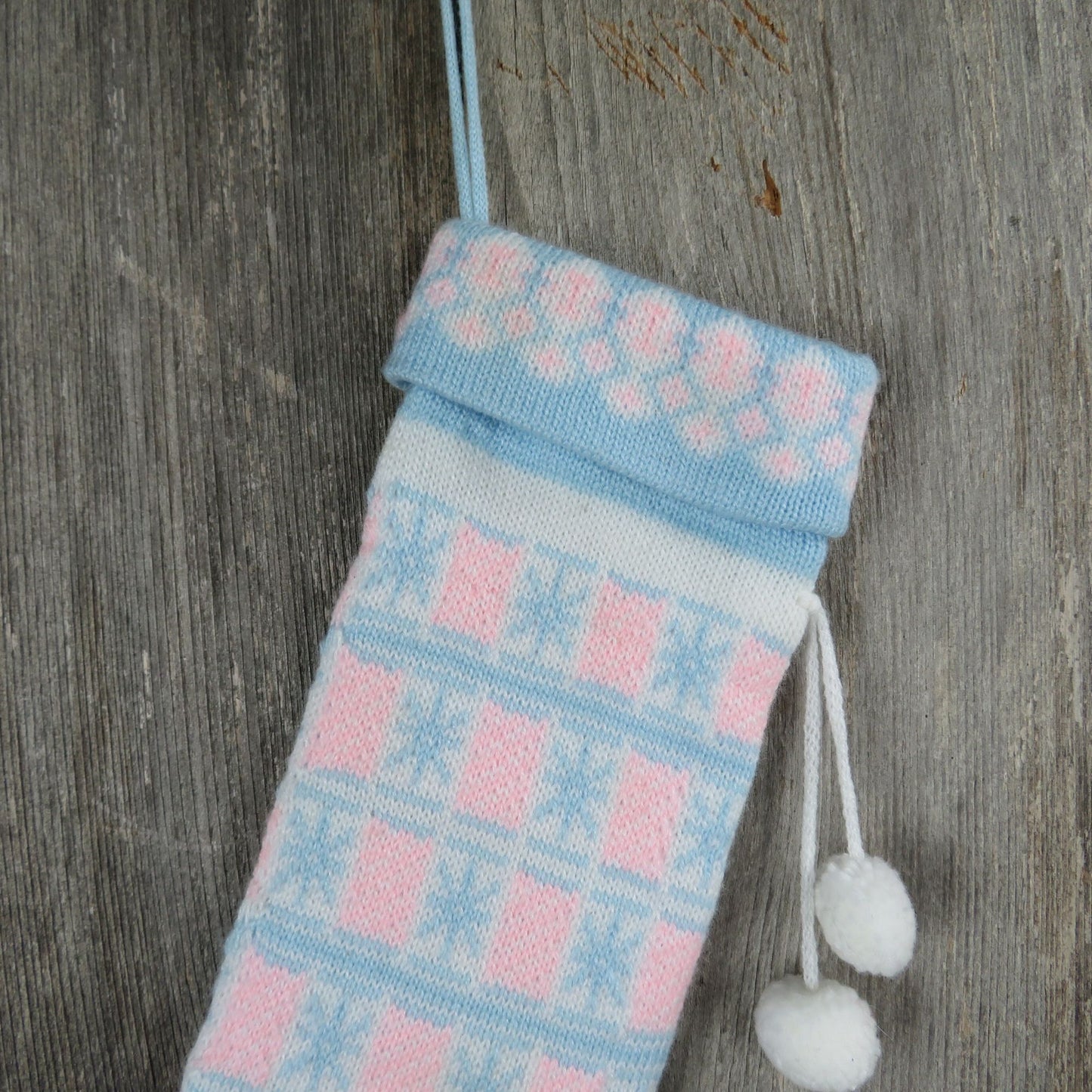 Vintage Baby Stocking Knit Pink and Blue Pocket Knitted First Christmas St354