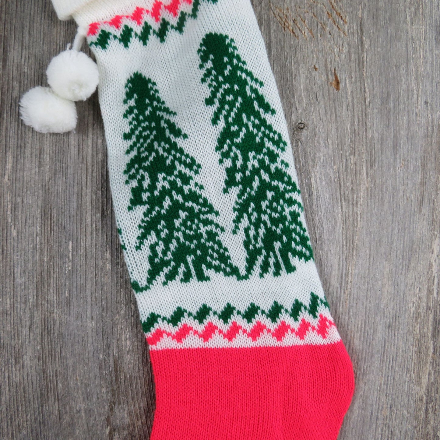 Vintage Knit Christmas Tree Stocking Christmas Sweater Knitted Red Green White Pom Pom  St362