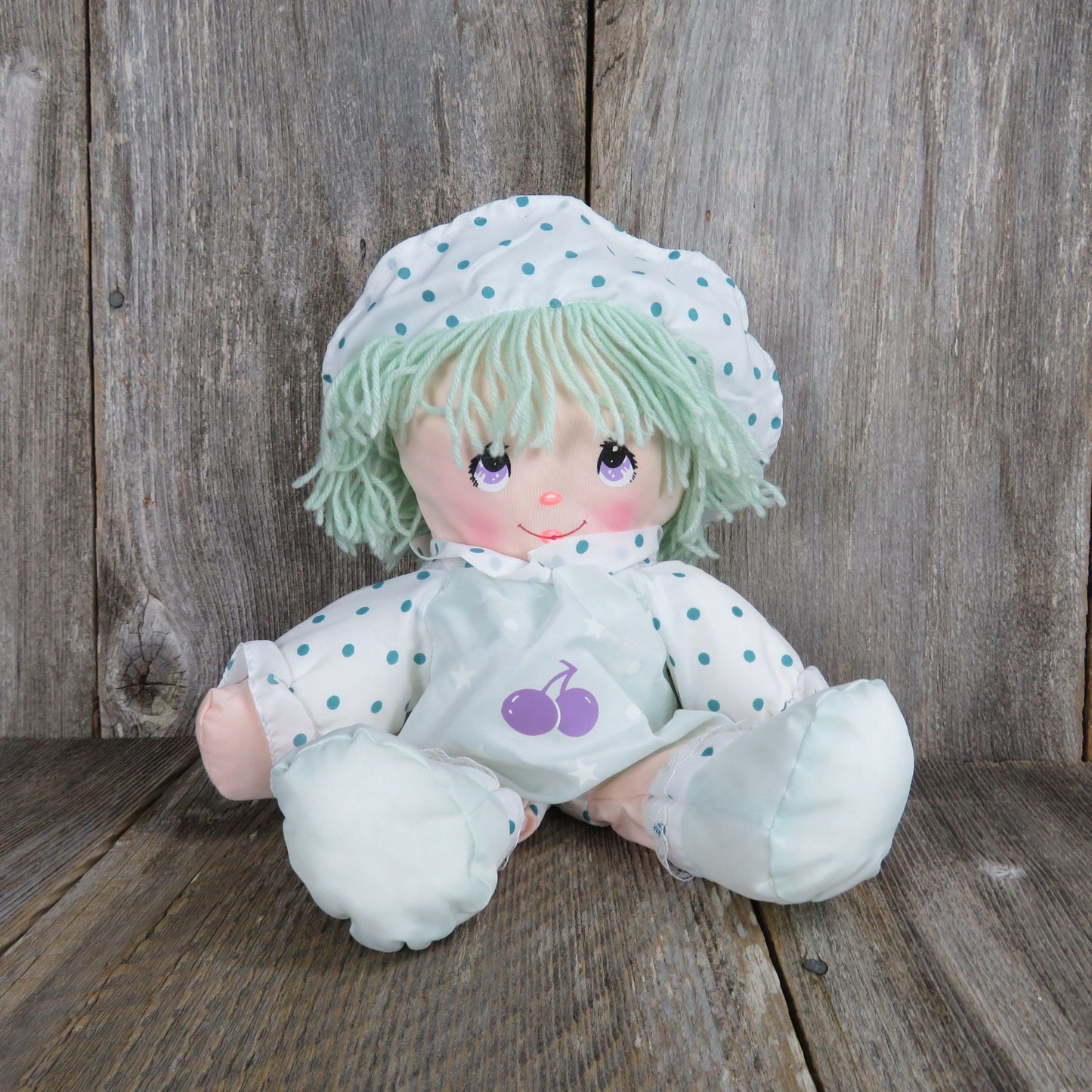 Vintage Dolly Mine Soft Body Doll Plush Green Polka Dot Nylon Slick Made Well Toy Hat