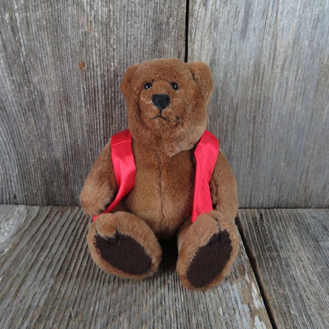 Vintage Teddy Bear Plush Jointed Red Vest Felt Feet Brown Glass Eyes Korea Stuffed Animal