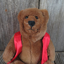 Load image into Gallery viewer, Vintage Teddy Bear Plush Jointed Red Vest Felt Feet Brown Glass Eyes Korea Stuffed Animal