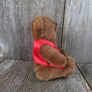 Vintage Teddy Bear Plush Jointed Red Vest Felt Feet Brown Glass Eyes Korea Stuffed Animal