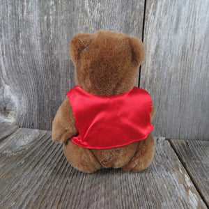 Vintage Teddy Bear Plush Jointed Red Vest Felt Feet Brown Glass Eyes Korea Stuffed Animal