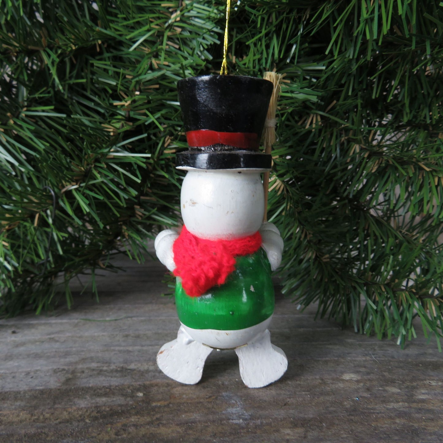 Vintage Snowman with Green Vest Wood Ornament Broom Top Hat Knit Scarf Wooden Christmas