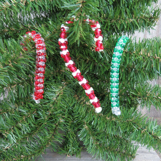 Vintage Candy Cane Beaded Ornaments Handmade Plastic Set Green Red Christmas