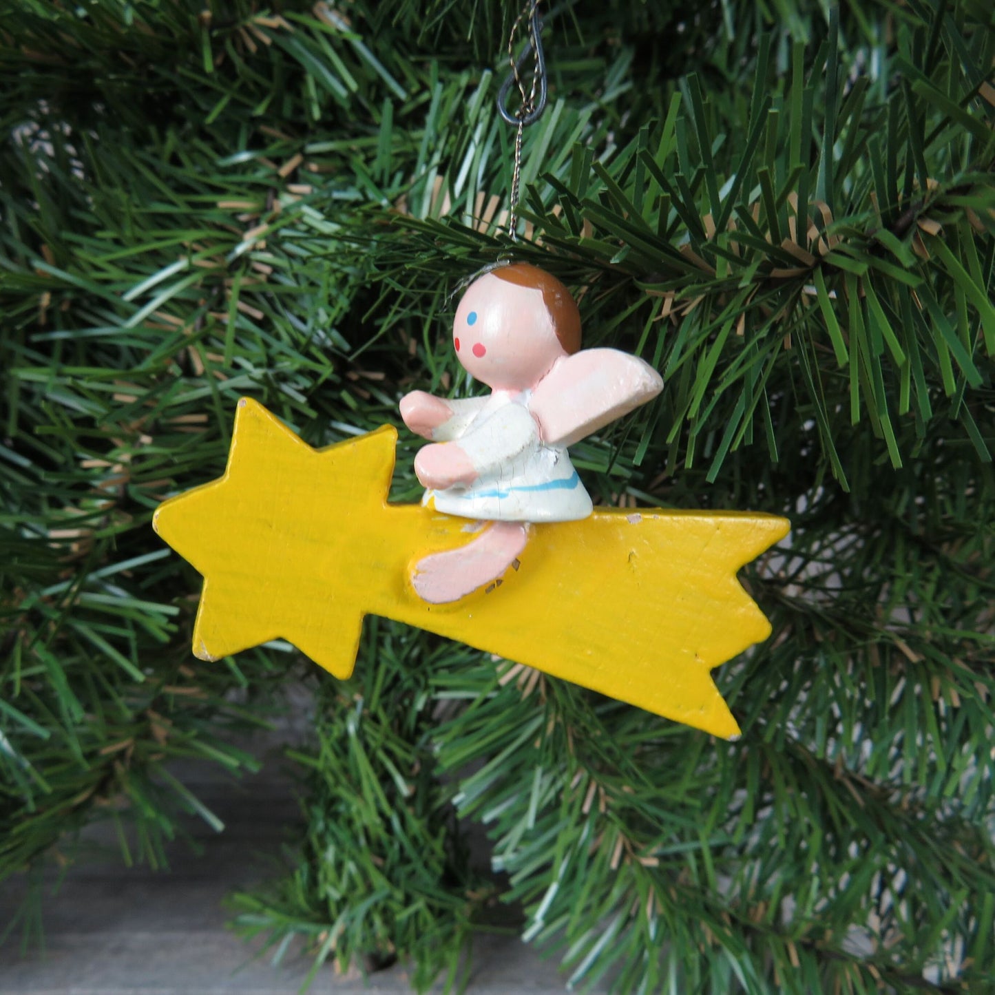 Vintage Angel on Shooting Star Wood Ornament Yellow Wooden Christmas