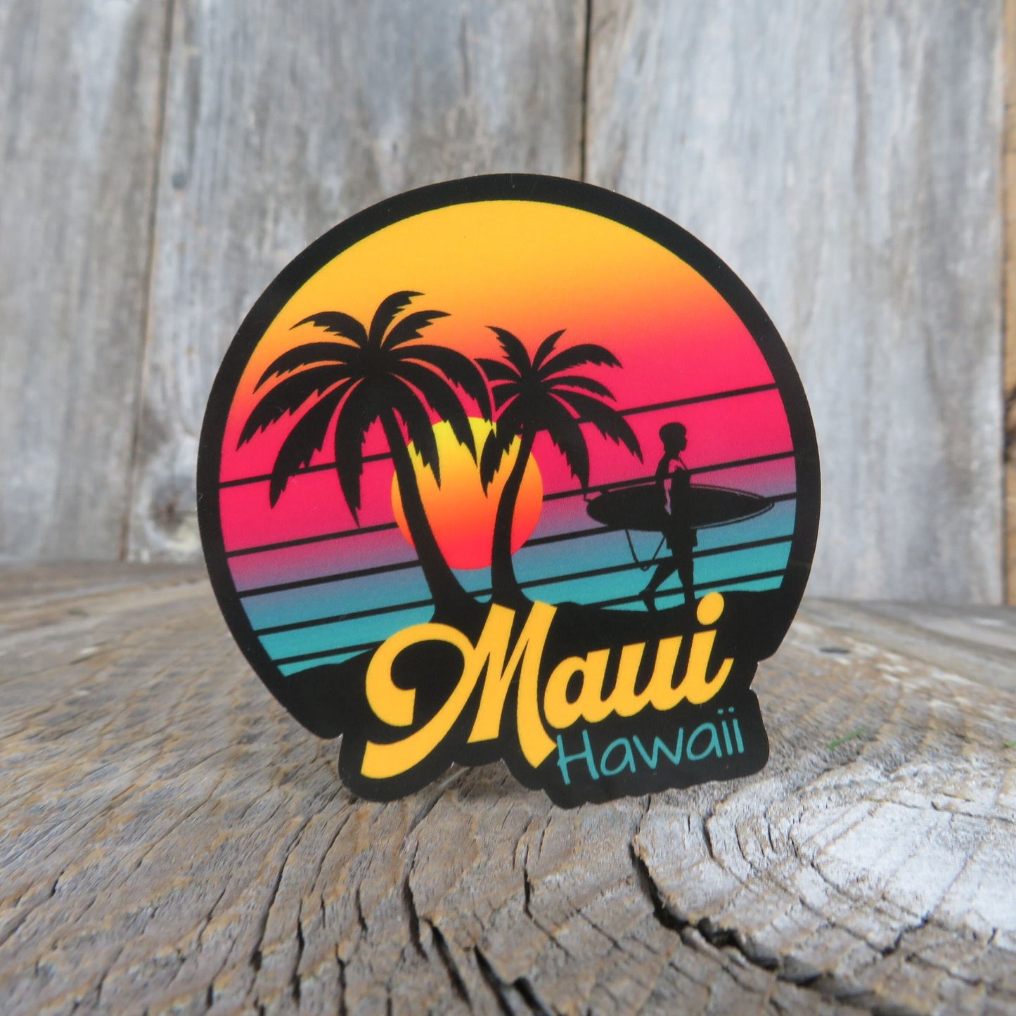 Surfing Hawaii Sticker Maui Retro Sunset Palm Trees Souvenir Travel Sticker