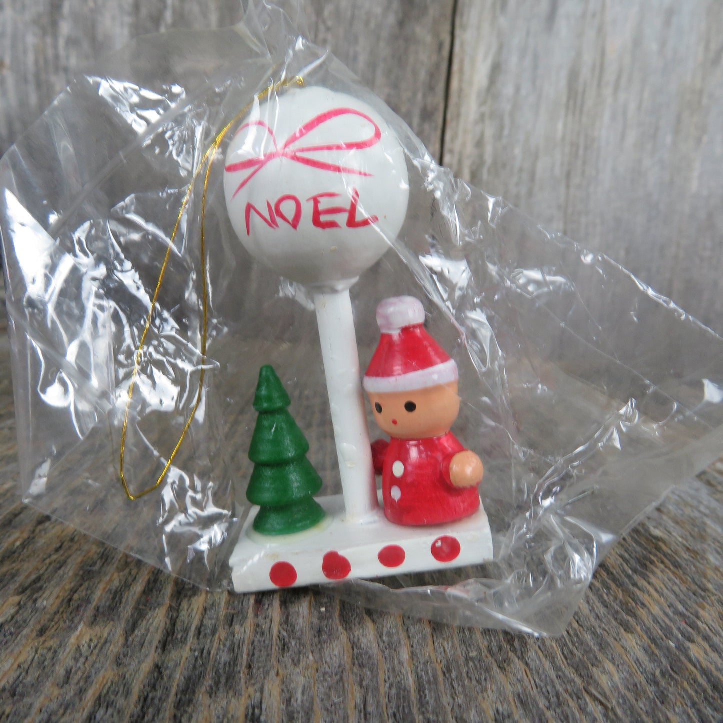 Vintage Santa Claus with Balloon and Tree Wood Ornament Christmas Wooden Scene Figurine Village