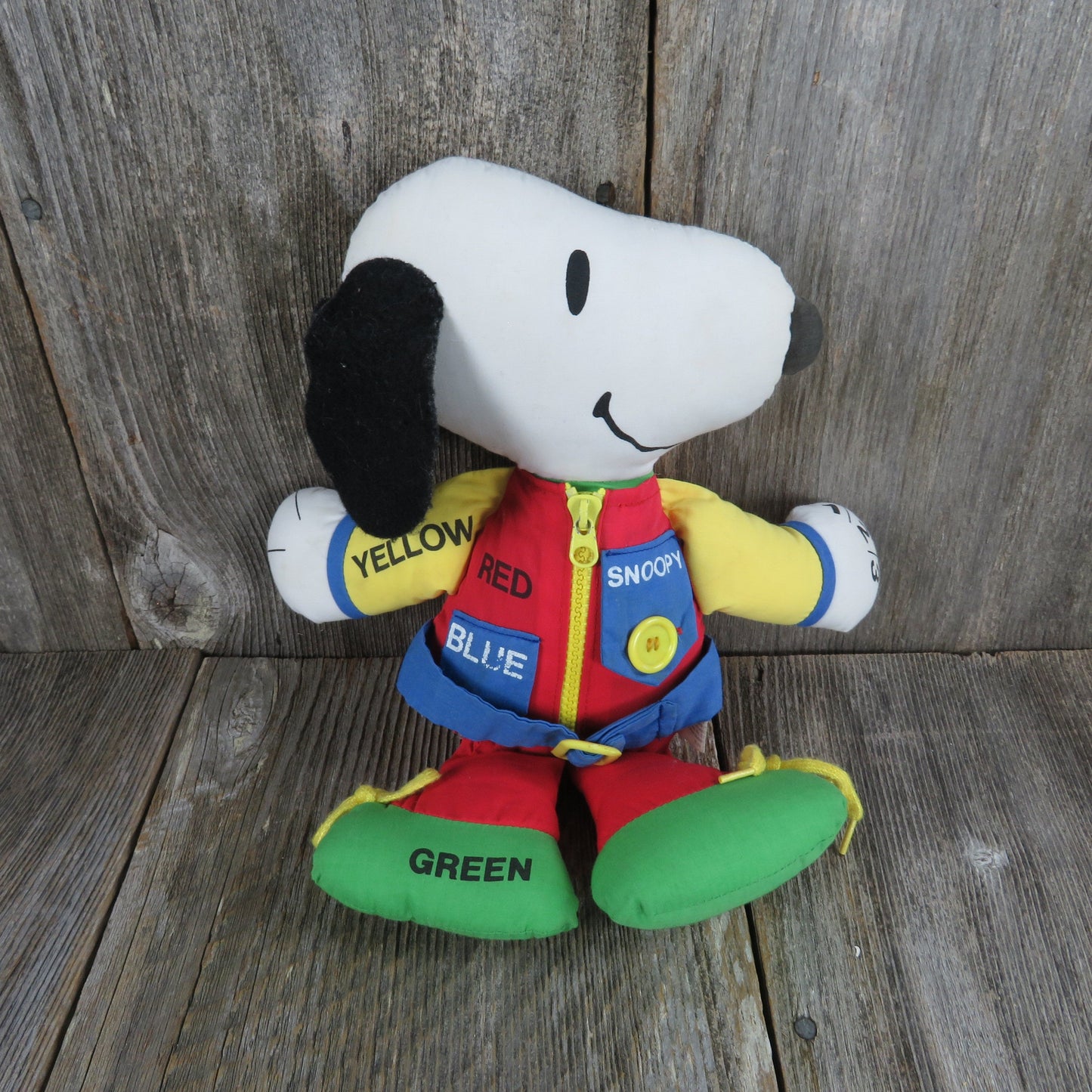 Vintage Snoopy Learning Plush Red Yellow Zipper Buttons Colors