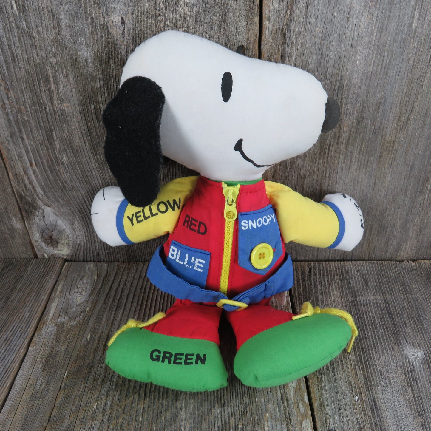 Vintage Snoopy Learning Plush Red Yellow Zipper Buttons Colors Numbers Buckle Shoe Tying Stuffed Animal