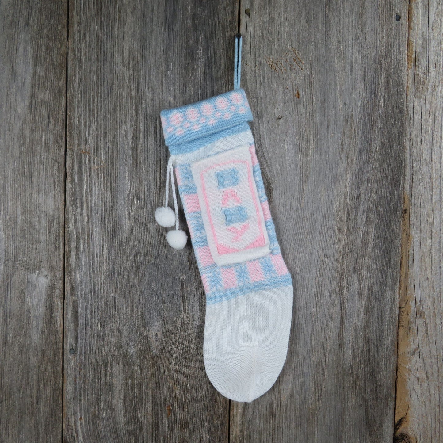 Vintage Baby Stocking Knit Pink and Blue Pocket Knitted First Christmas St354