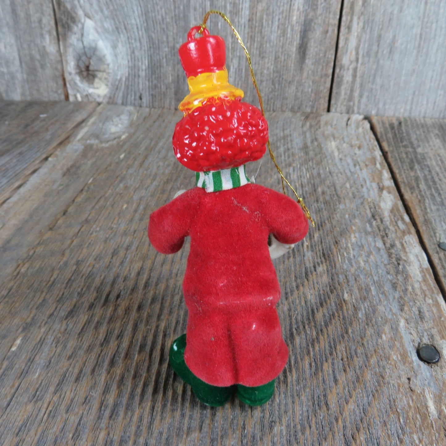 Vintage Flocked Clown Ornament Christmas Red Plastic Green