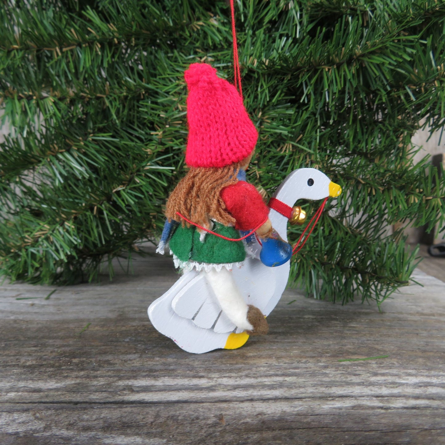 Girl Riding a Goose Wood Ornament Vintage Wooden White Bird with Girl Rider Christmas Ornament