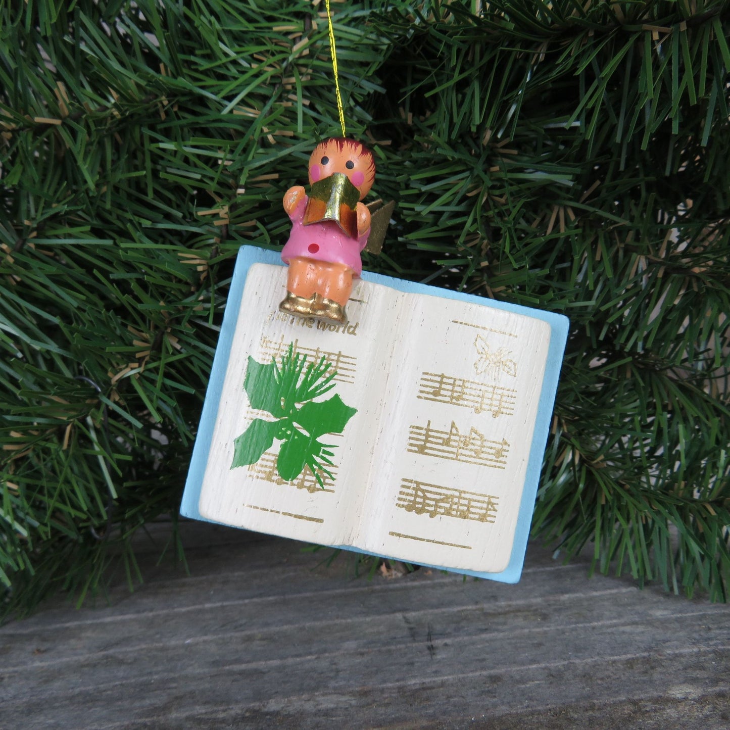 Singing Angel on Hymn Book Wood Ornament Vintage Wooden Blue Hymnal Christmas Caroling Angel Ornament