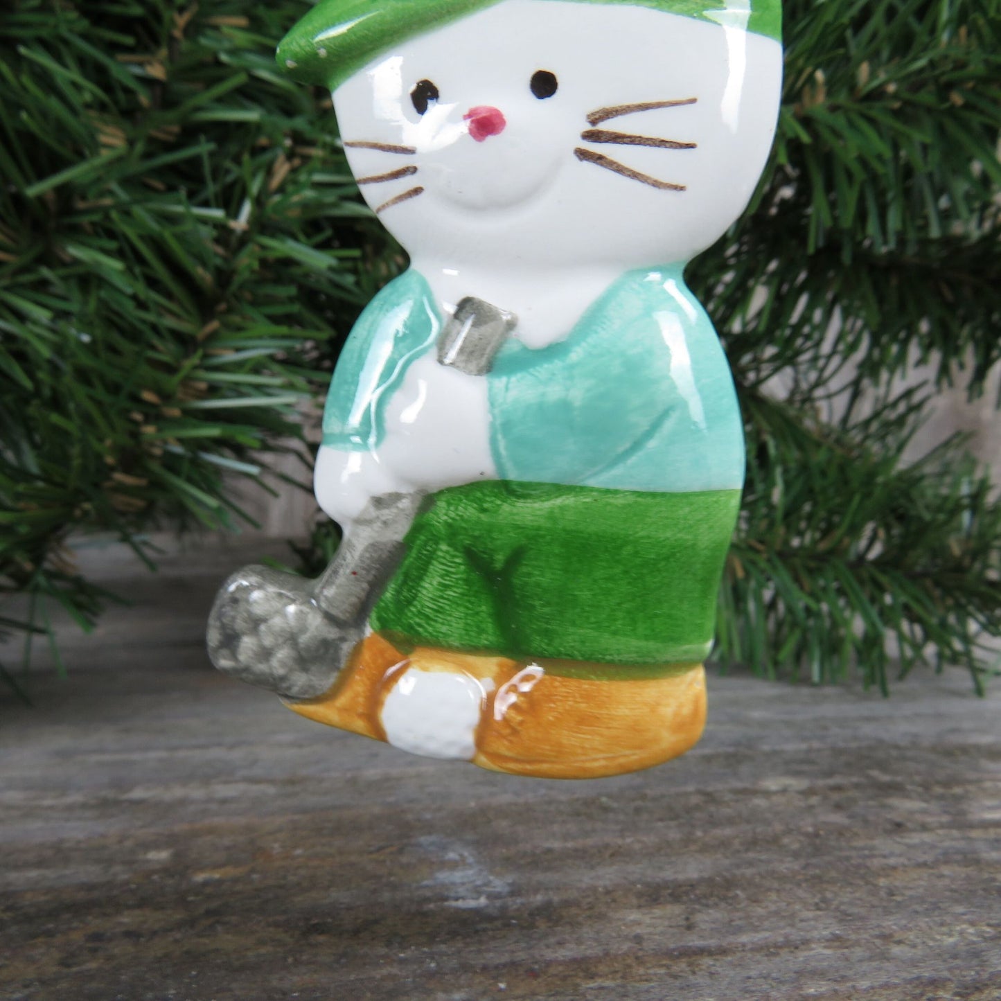 Vintage Golfing Cat Porcelain Ornament Green White Flat Ceramic Christmas Sports Golfer