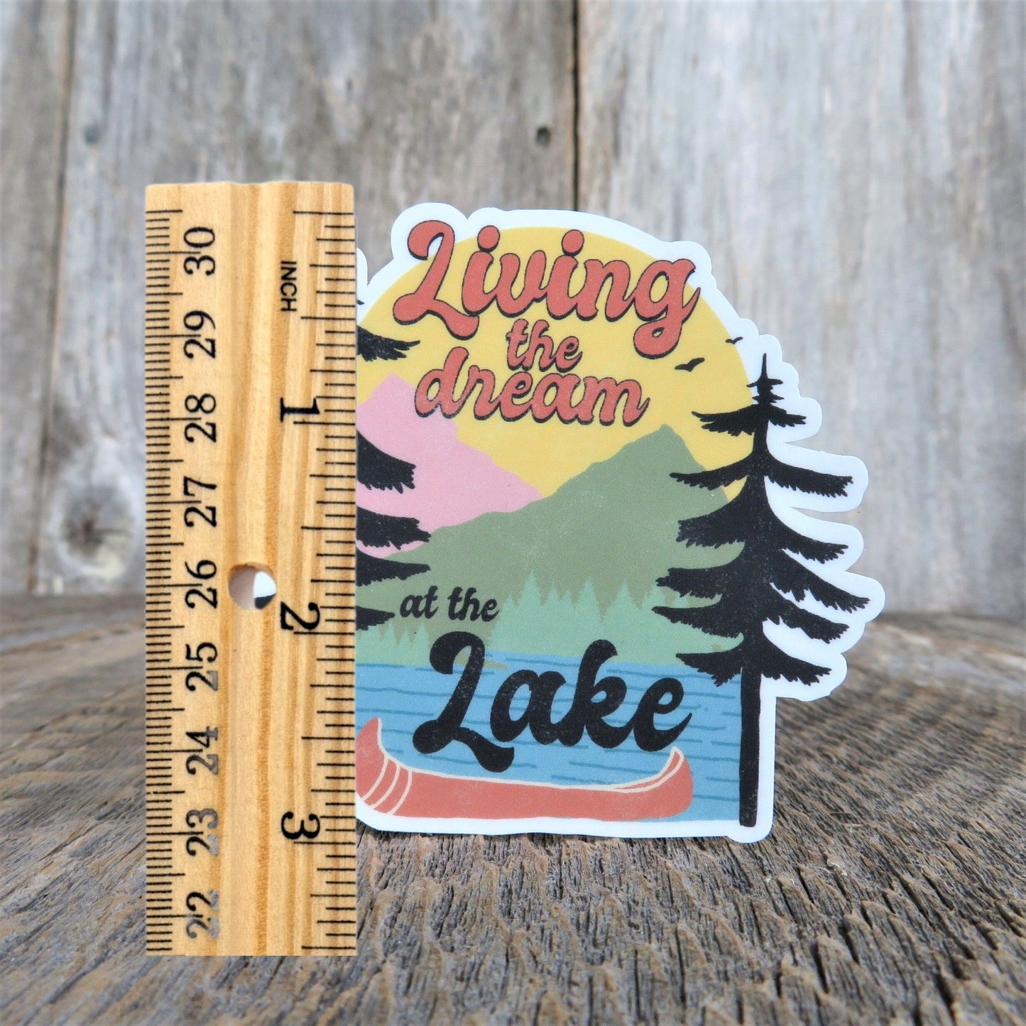Living the Dream at the Lake Sticker Waterproof Lake Lover Sticker Mountains Woods Camping Outdoors Retro Colors