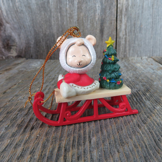 Vintage Bear on Sled with Christmas Tree Ornament Red Snowsuit Mouse Plastic Village Figurine