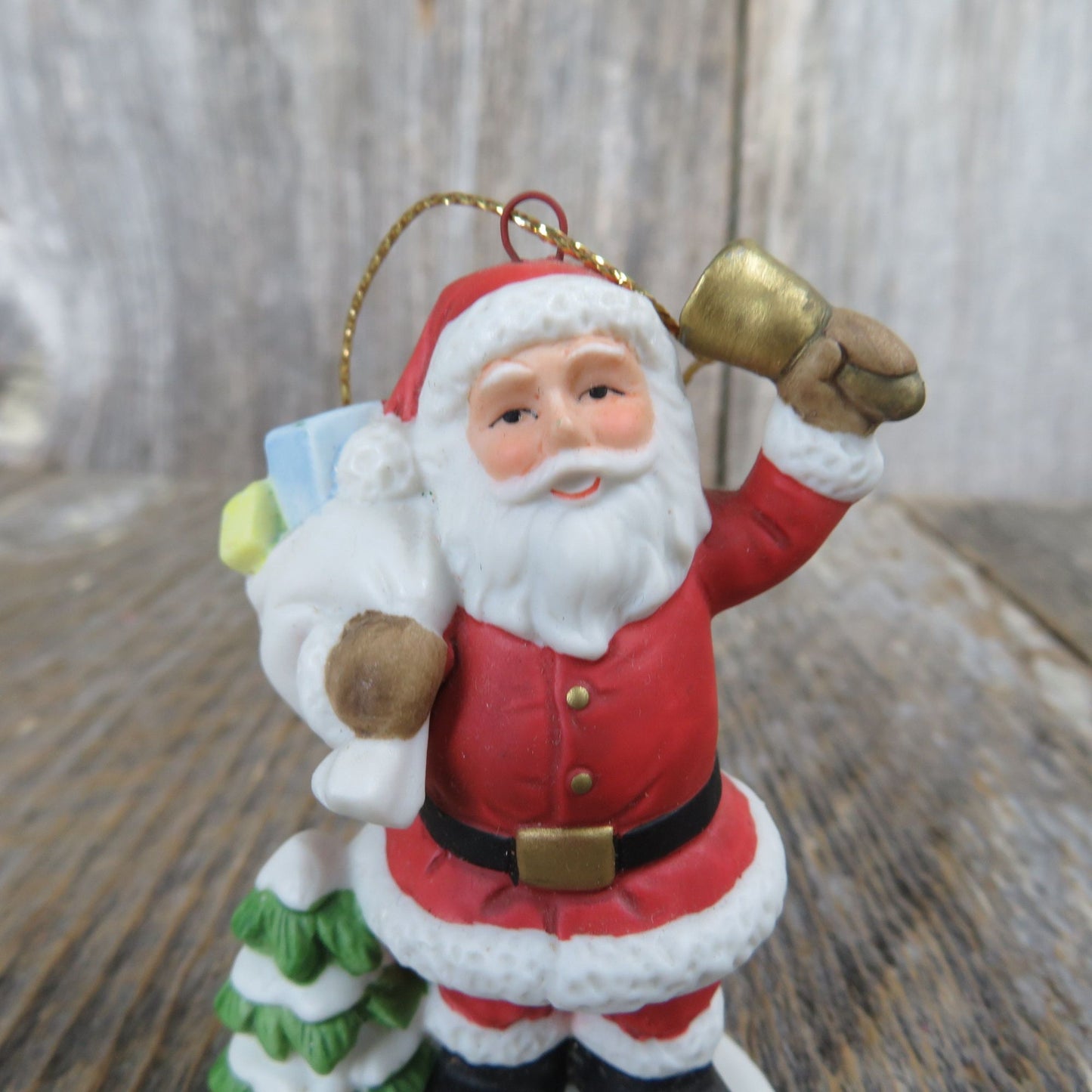 Vintage Santa Carrying Sack and Bell Ornament Figurine Homco Village Scene Ceramic 8742