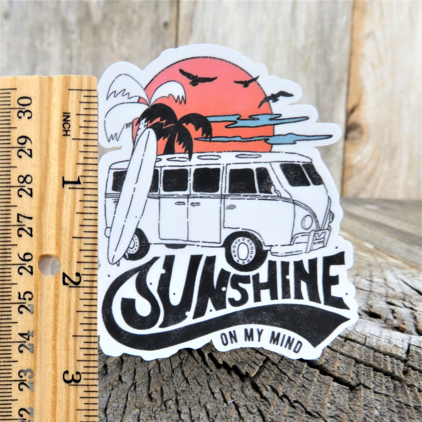 Sunshine on My Mind Sticker Summer Ocean Retro Surfer Van Colored Decal Palm Tree Waterproof Souvenir Car Water Bottle Laptop