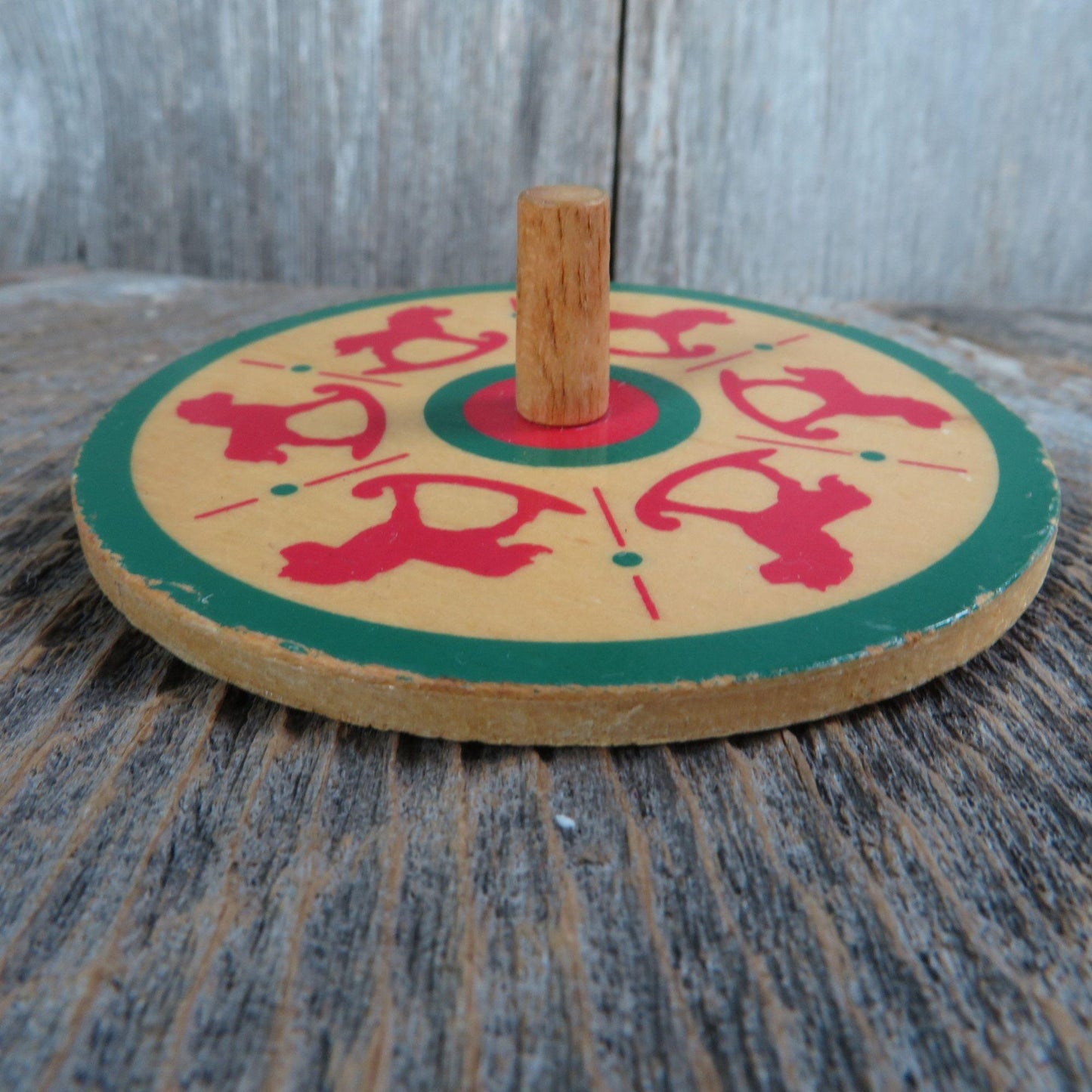 Vintage Spinning Top Wooden Toy Christmas Rocking Horse Dakin Green Red Toy 1991 Wood