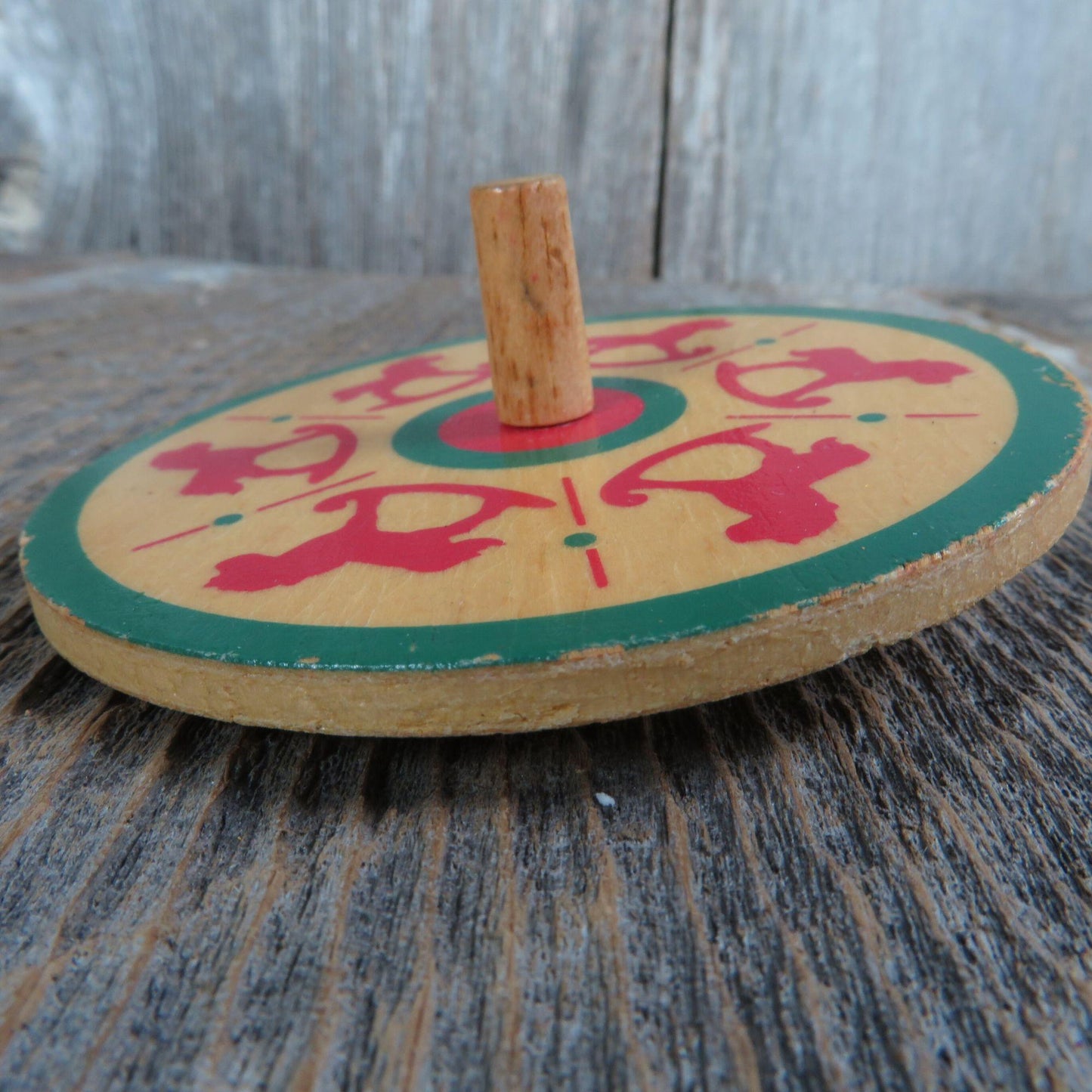 Vintage Spinning Top Wooden Toy Christmas Rocking Horse Dakin Green Red Toy 1991 Wood