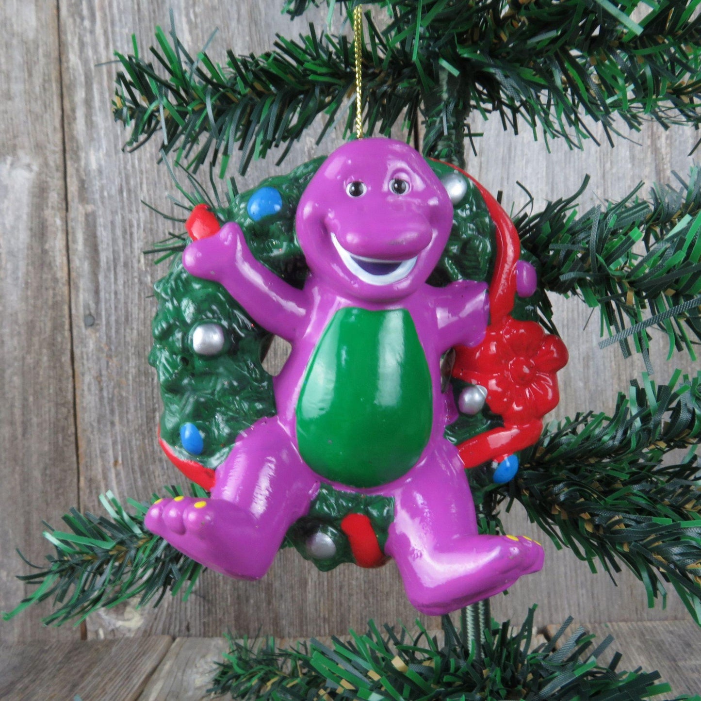 Vintage Barney Dinosaur Ornament Purple Christmas Wreath Cartoon Character Red Green