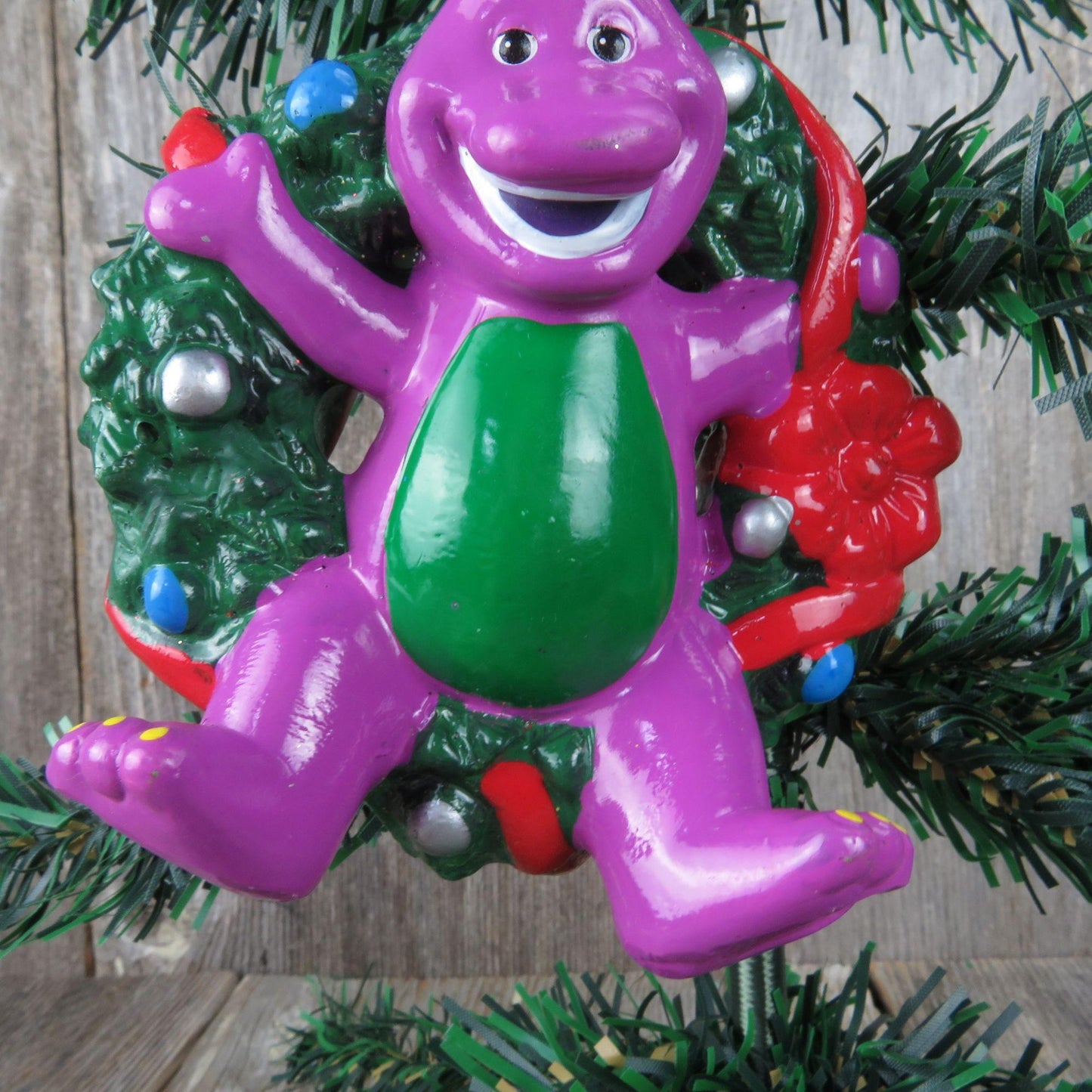 Vintage Barney Dinosaur Ornament Purple Christmas Wreath Cartoon Character Red Green