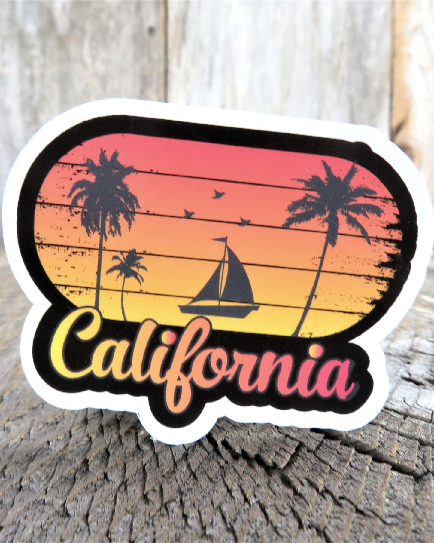 California Sailboat Sunset Sticker Summer Lovers Surfers Palm Trees Waterproof Travel Souvenir Water Bottle Laptop
