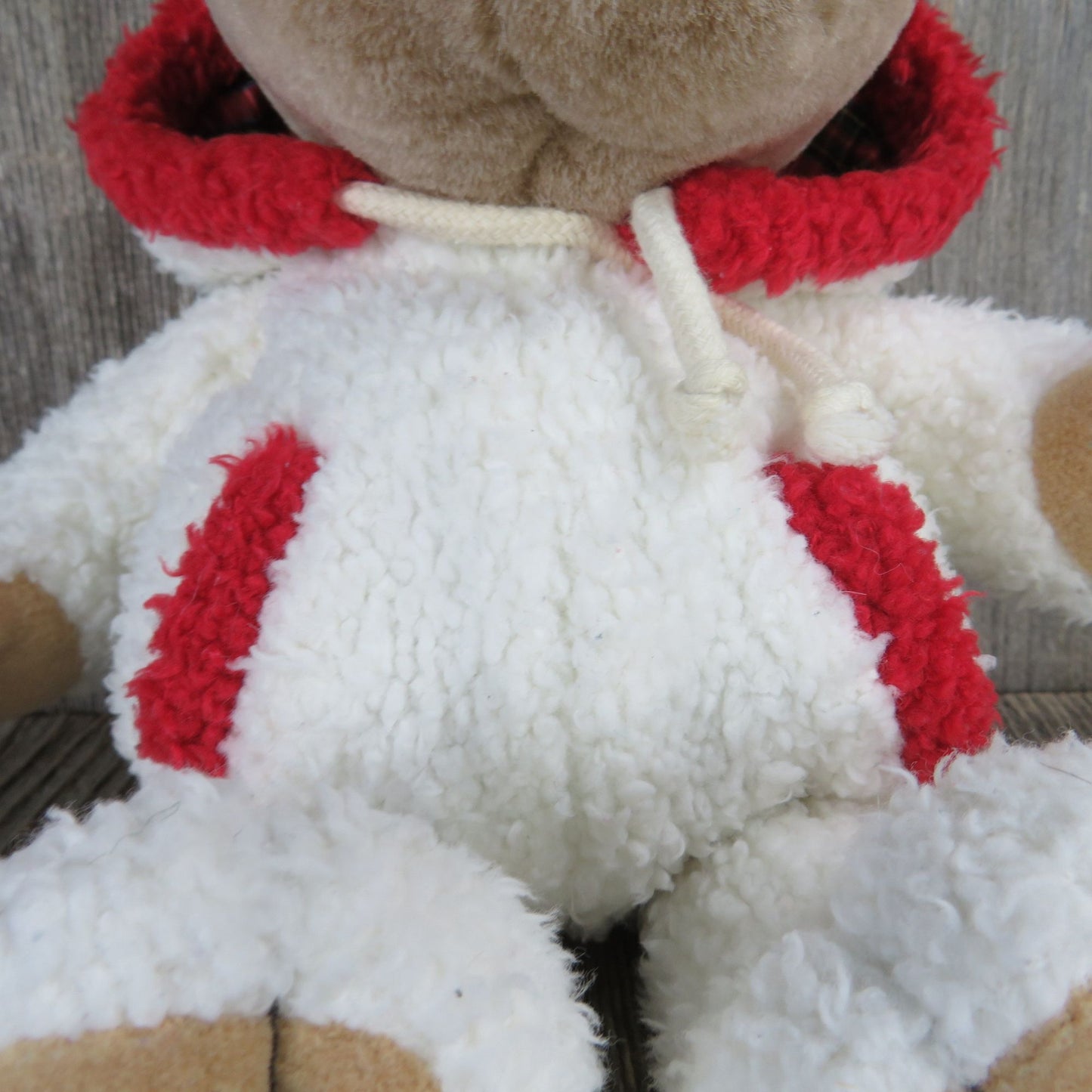 Vintage Teddy Bear In White Fleece Sherpa Suit Plush Creations Winter Pocket Red Trim Plaid 1998