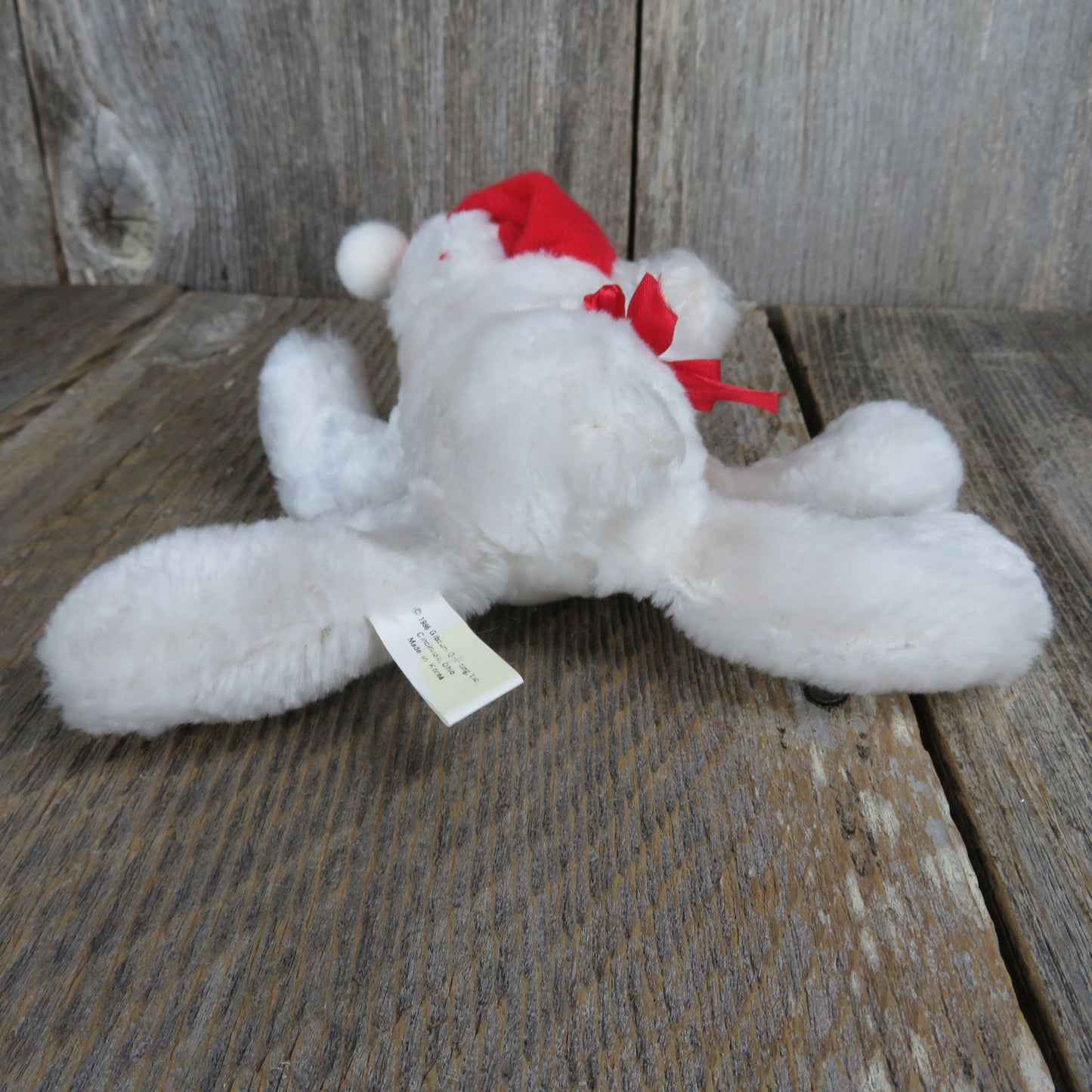 Vintage White Laying Bear Plush Floppy Santa Hat Gibson Greetings 1986 Laying Christmas