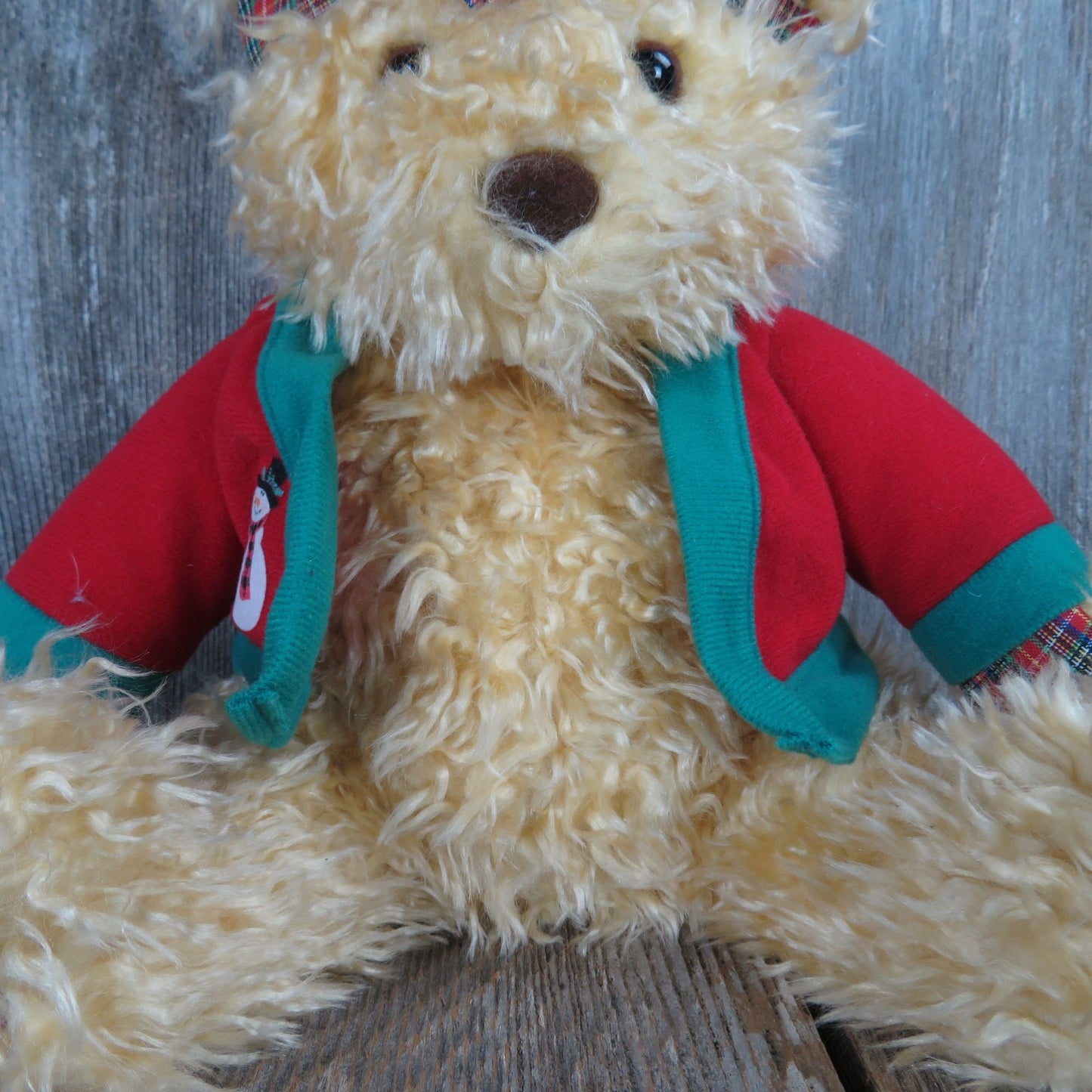 Vintage Teddy Bear Plush Red Sweater Hallmark Plaid Bow Curly Hair Stuffed Animal Christmas Holiday