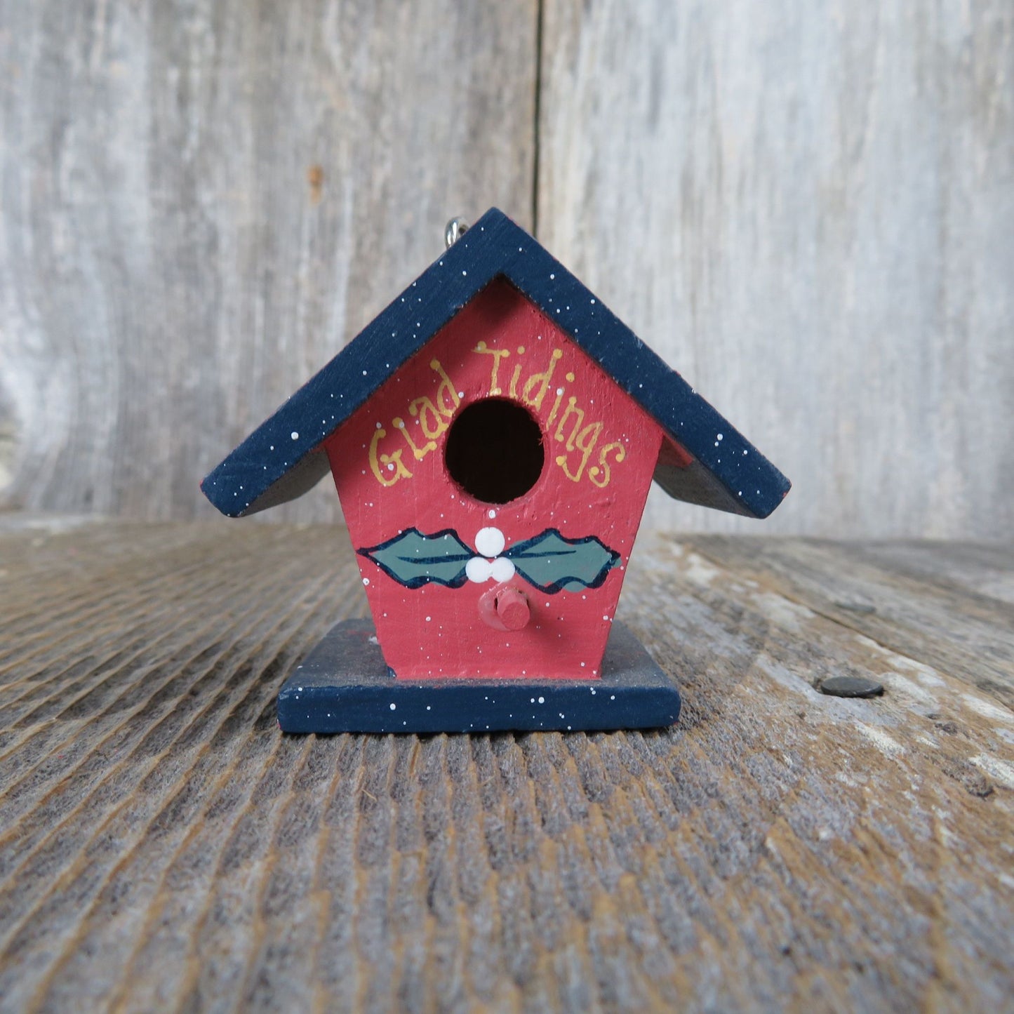 Vintage Birdhouse Wood Ornament Angels Glad Tidings Red Blue Bird Rustic Christmas Country