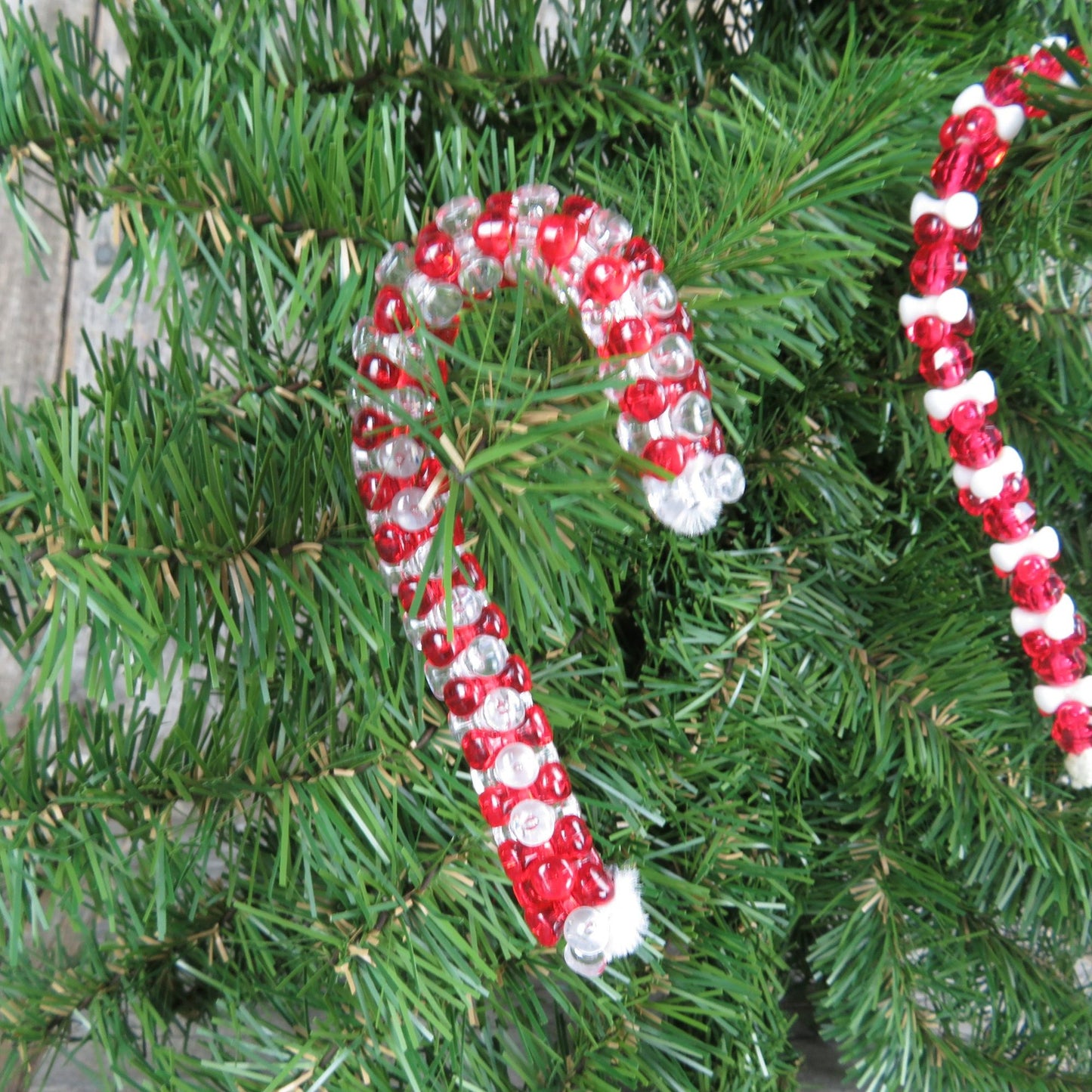 Vintage Candy Cane Beaded Ornaments Handmade Plastic Set Green Red Christmas