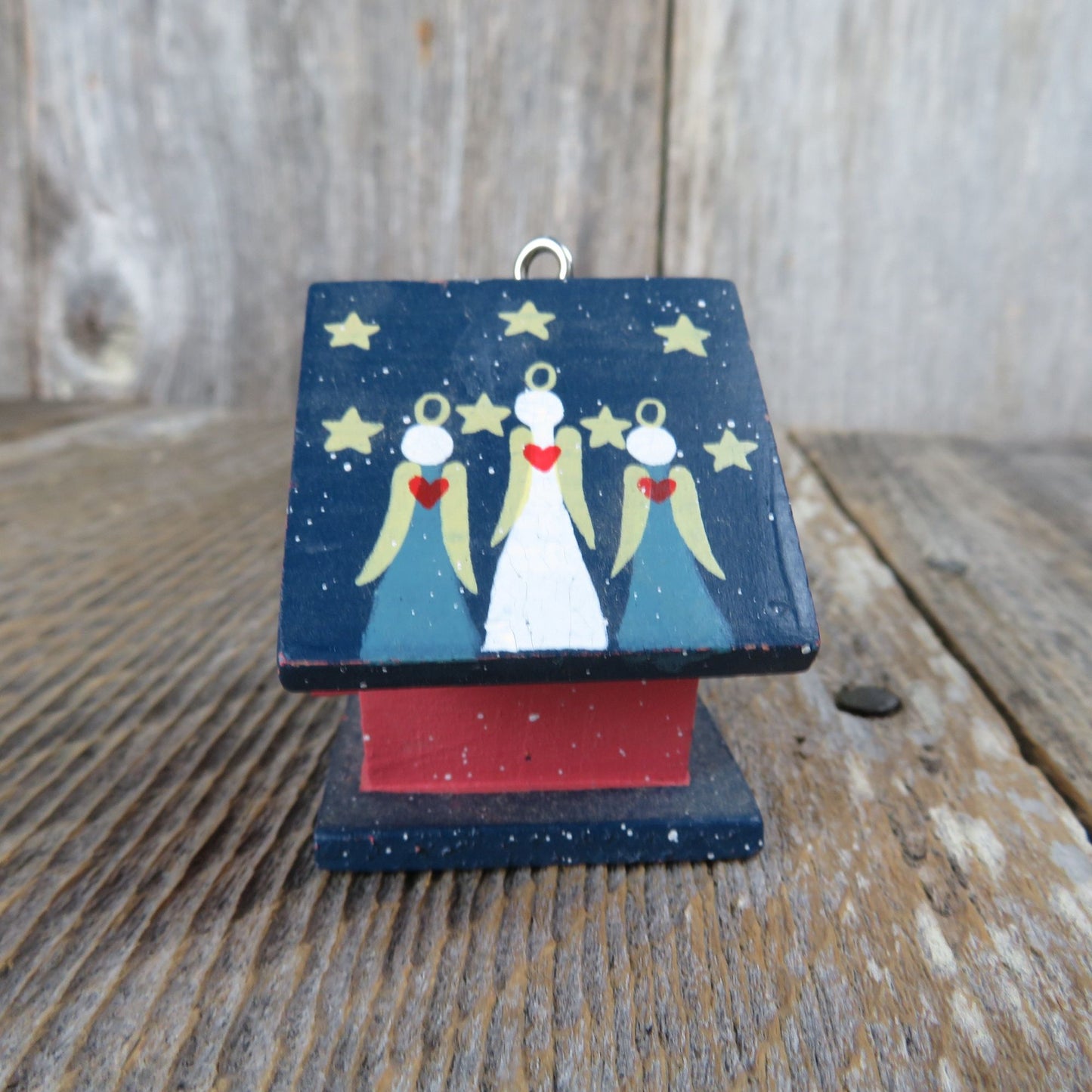 Vintage Birdhouse Wood Ornament Angels Glad Tidings Red Blue Bird Rustic Christmas Country