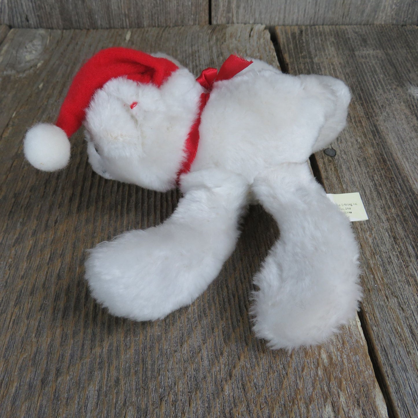 Vintage White Laying Bear Plush Floppy Santa Hat Gibson Greetings 1986 Laying Christmas