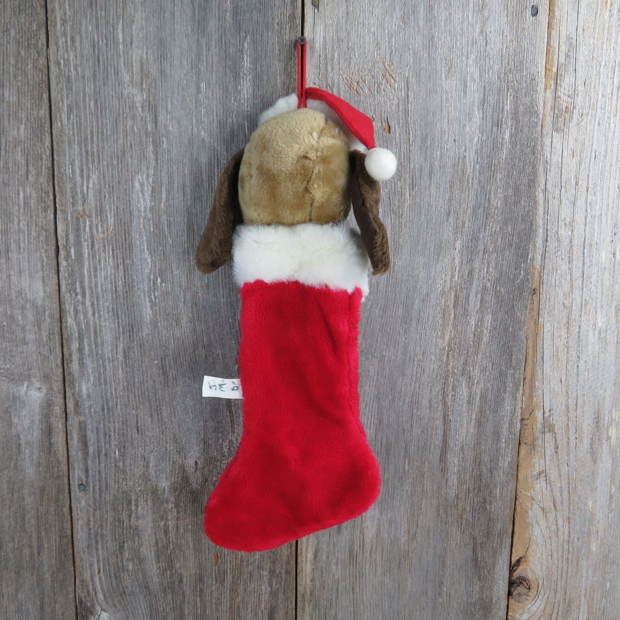 Vintage Dog Christmas Stocking Plush newest Stuffed Animal White Red Sad Eyes Santa Hat