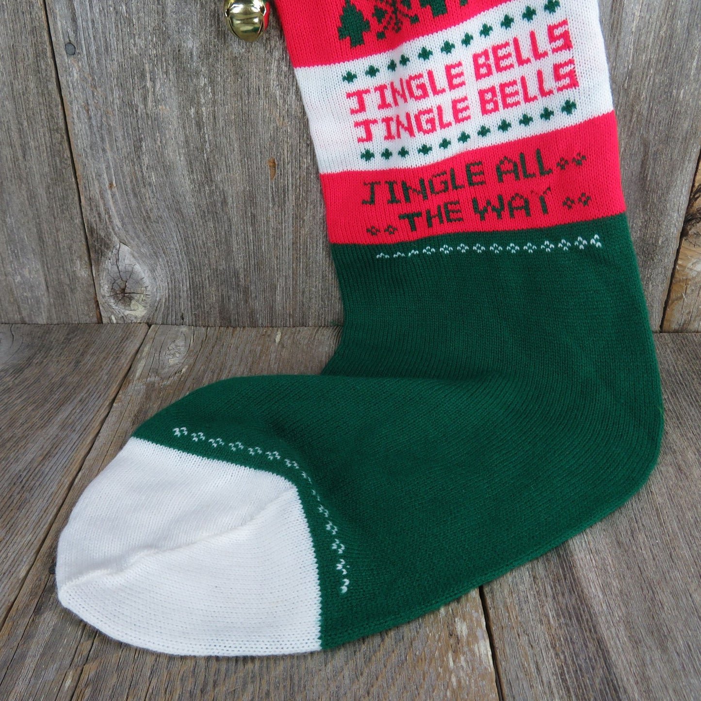 Vintage Jingle Bells Knit Stocking Extra Large Striped Jingle All The Way Huge Red Green St377