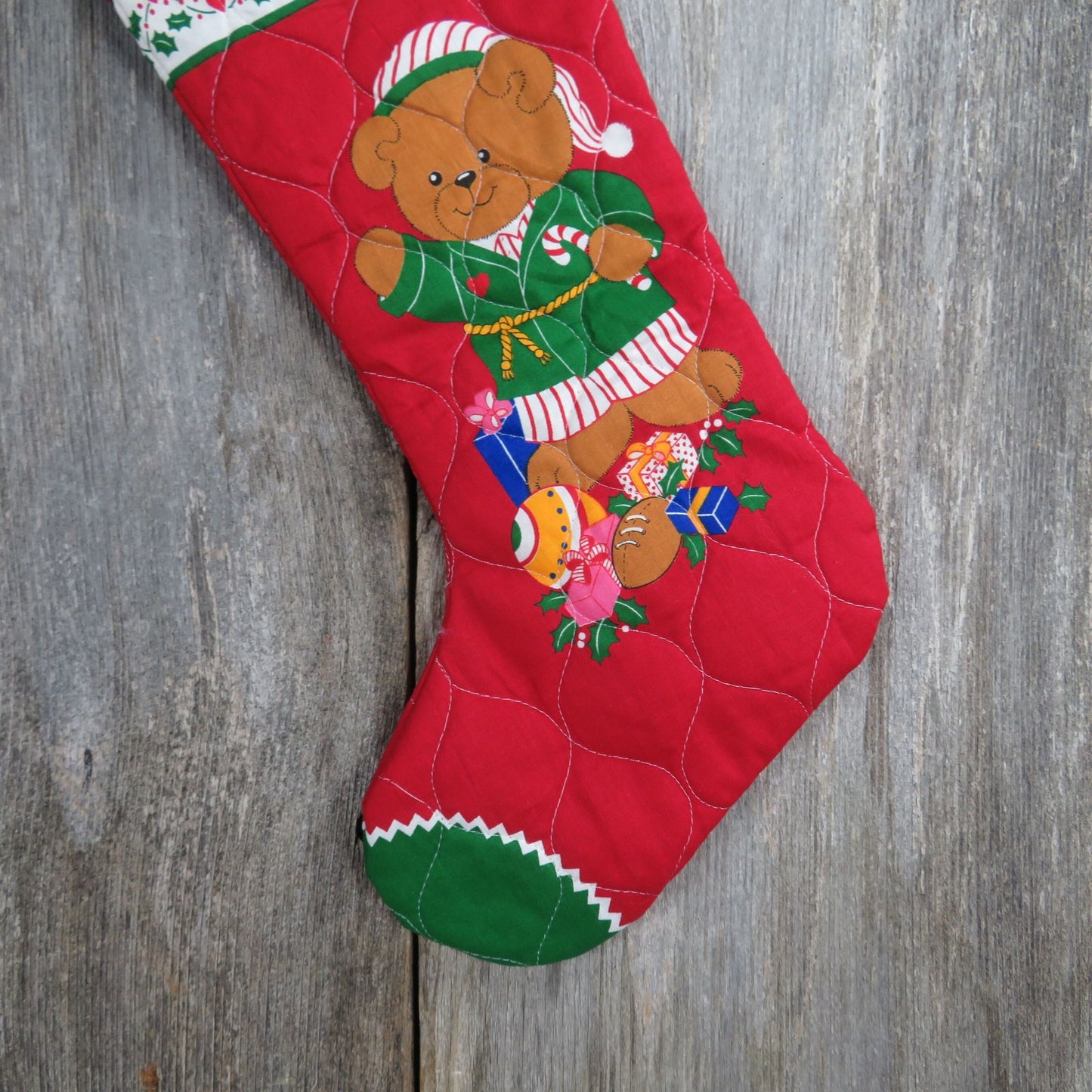 Vintage Teddy Bear Boy Christmas Stocking Quilted Handmade Fabric Red Green Cloth  st282
