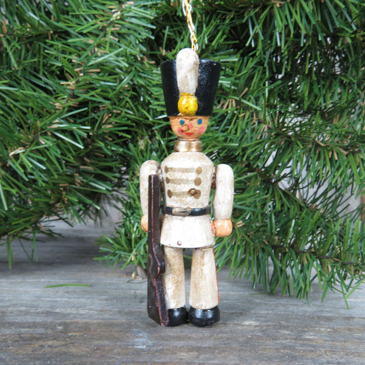 Vintage White Brown Wooden Toy Soldier Ornament Christmas Black